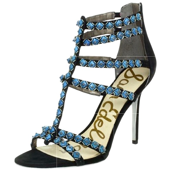 Sam Edelman Studded Gladiator Black Turquoise Strappy Sandals Heels Size 8.5 - Picture 1 of 15